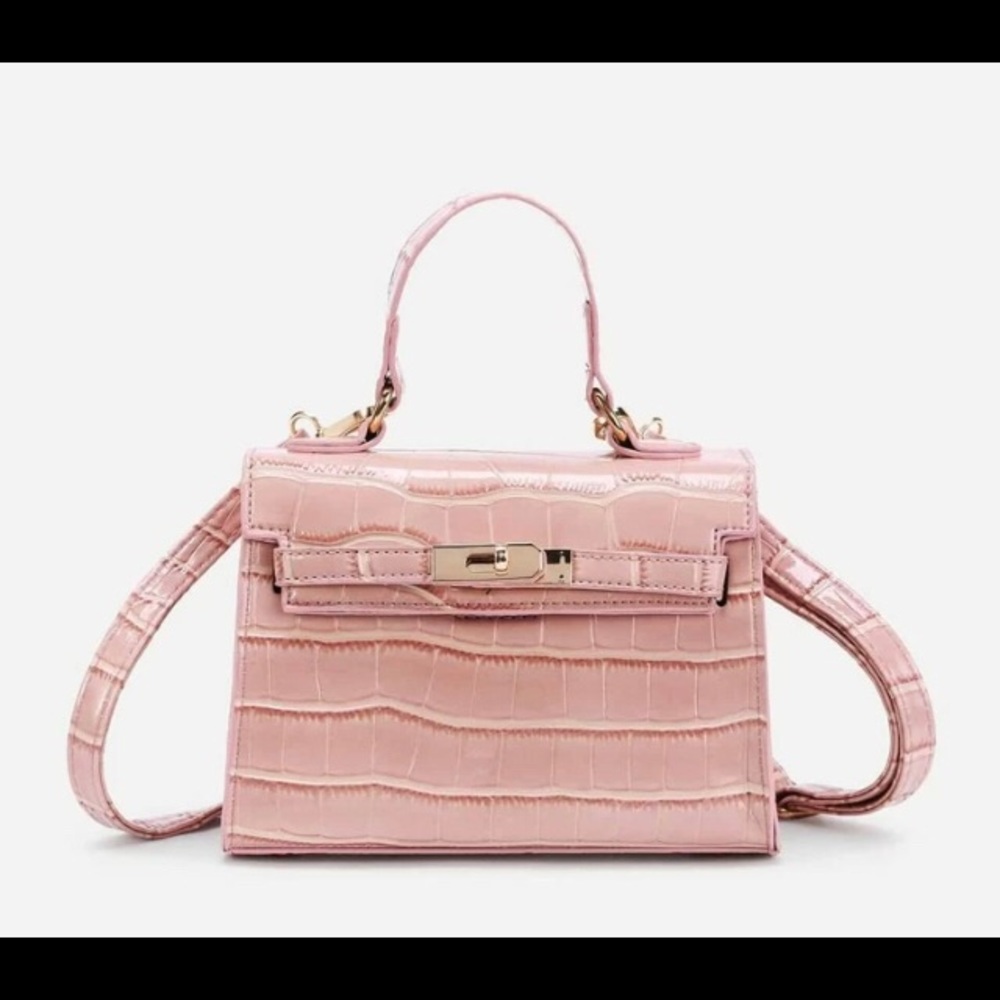 Pink and White Croc Embossed Mini Bag w/ strap